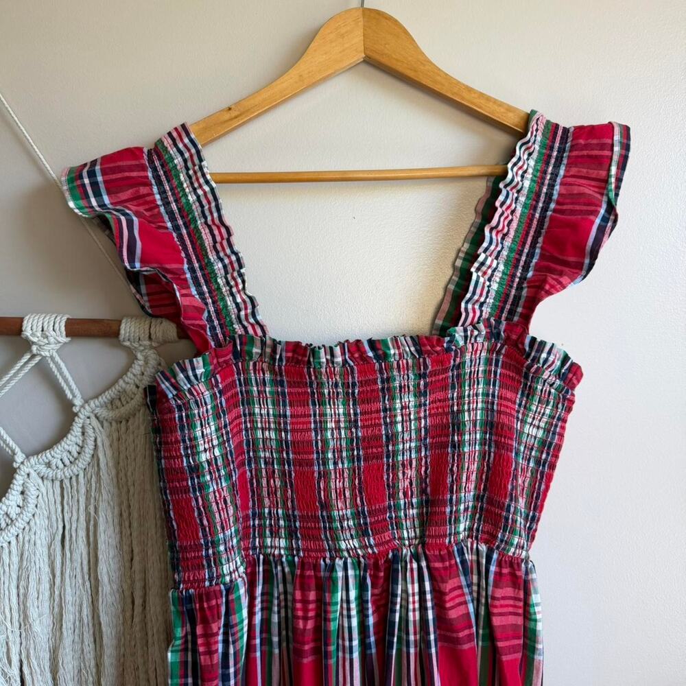Christmas Plaid Smocked Midi Dress Crown & Ivy Ruffle Sleeve L - Picture 2 of 5